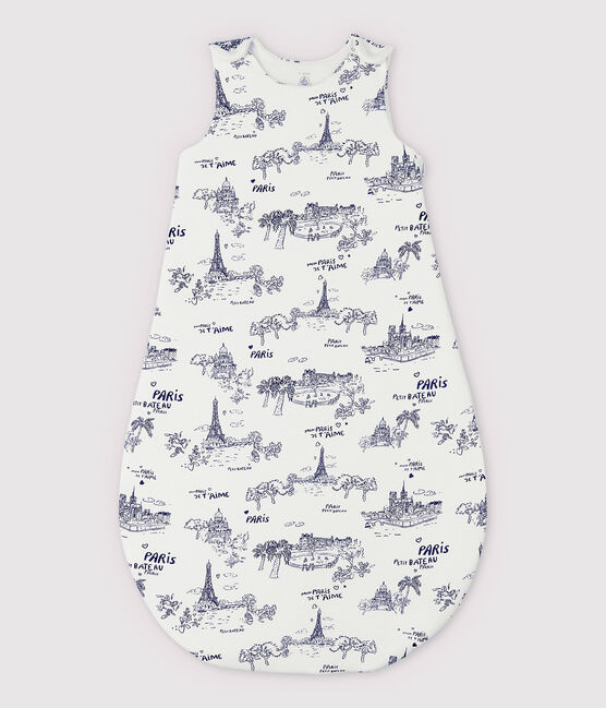 Babies' Rib Knit Toile de Jouy Paris Sleeping Bag MARSHMALLOW white/MEDIEVAL blue