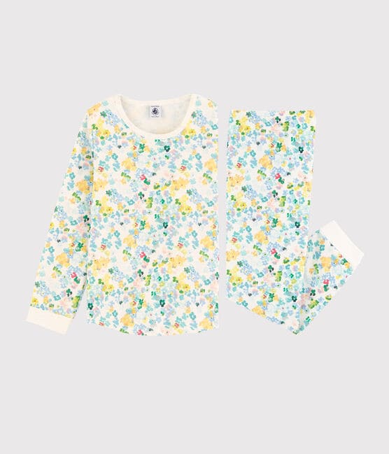 Girls' Watercolour Flowers Fleece Pyjamas MARSHMALLOW white/MULTICO white