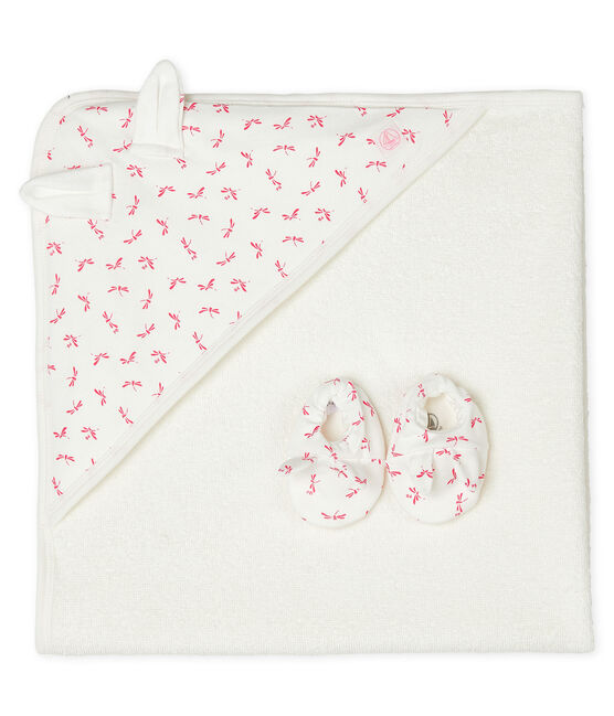 Babies' Square Bath Towel and Bootees Set in Terry and Rib Knit MARSHMALLOW white/GROSEILLER pink