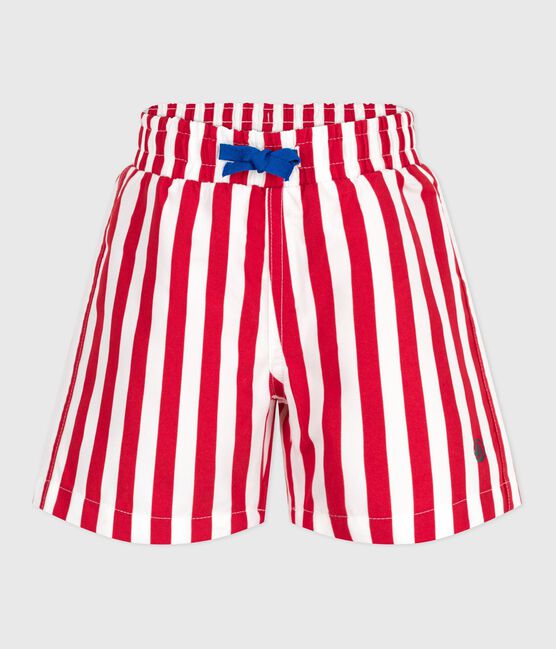 Children's stripy cotton swim shorts MARSHMALLOW red/SPI