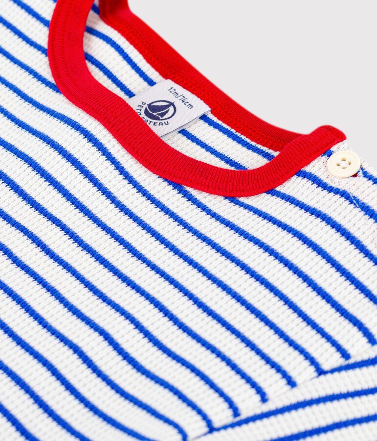 Babies' short-sleeved stripy cotton T-shirt MILK blue/PERSE