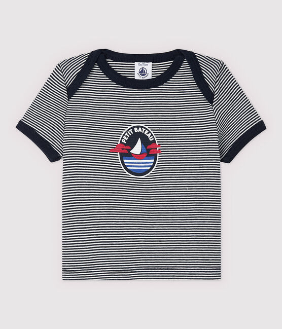 Baby Boys' Short-Sleeved Cotton T-Shirt SMOKING blue/MARSHMALLOW white