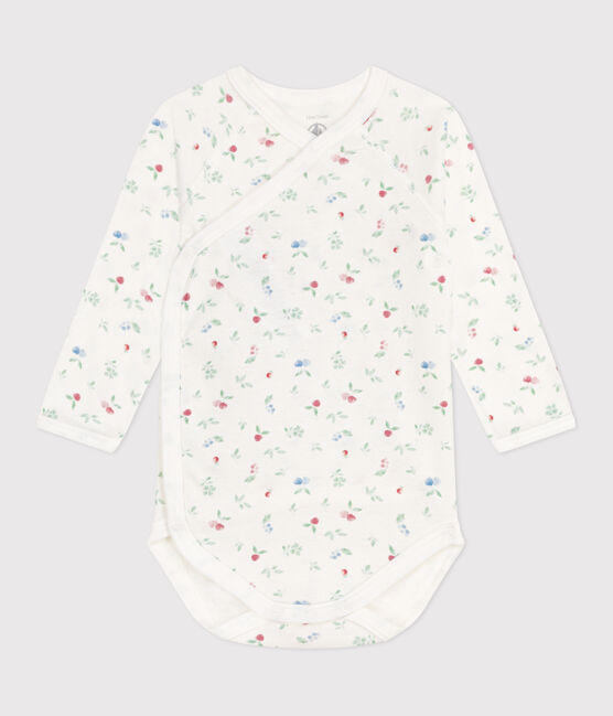 Babies' long-sleeved wrapover cotton bodysuit MARSHMALLOW white/MULTICO white