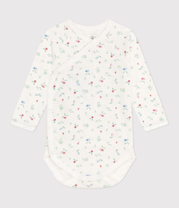 Babies' long-sleeved wrapover cotton bodysuit white/multicolor