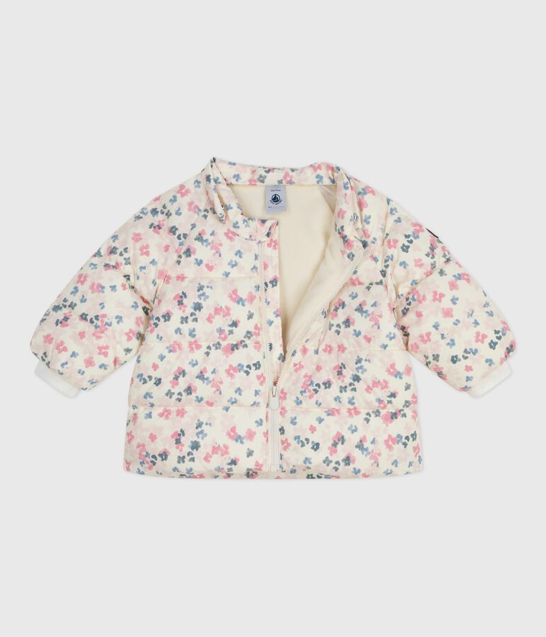Baby down jacket with floral print and removable hood Ecru/multicolor