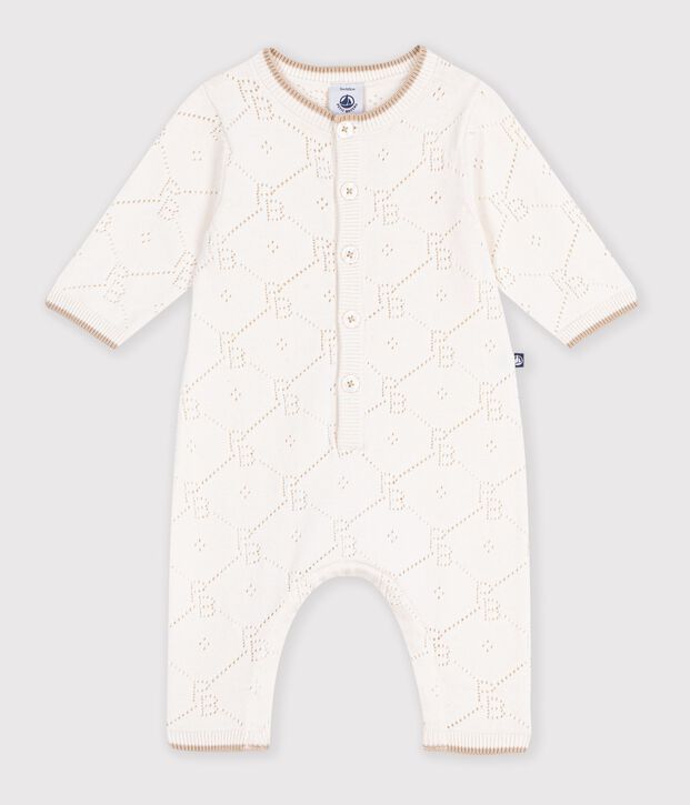 Babies' long openwork knit cotton playsuit MILK