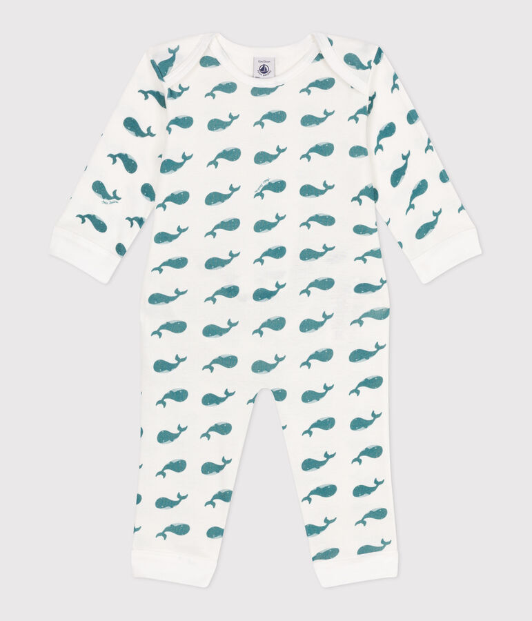 Babies' whale pattern popper-free cotton pyjamas MARSHMALLOW green/DRAGONFLY