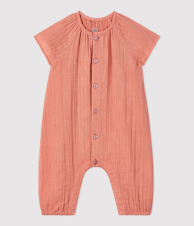 Babies' Plain Organic Cotton Gauze Long Playsuit PAPAYE pink