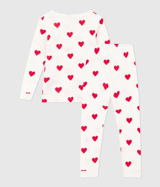 Girls' Snugfit Heart Patterned Cotton Pyjamas white/red