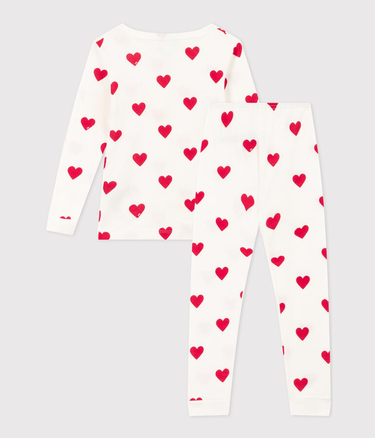 Girls' Snugfit Heart Patterned Cotton Pyjamas MARSHMALLOW white/TERKUIT red