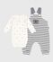 Babies' outfit with Breton striped dungarees and a printed body MARSHMALLOW white/SMOKING blue
