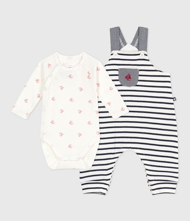 Babies' outfit with Breton striped dungarees and a printed body white/blue