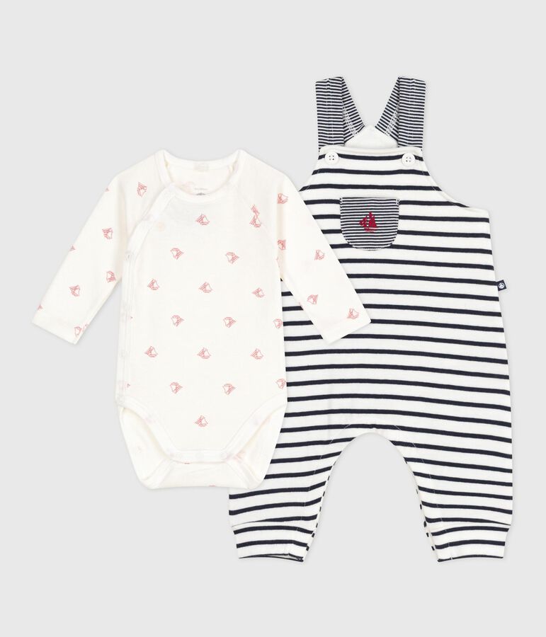 Babies' outfit with Breton striped dungarees and a printed body white/blue