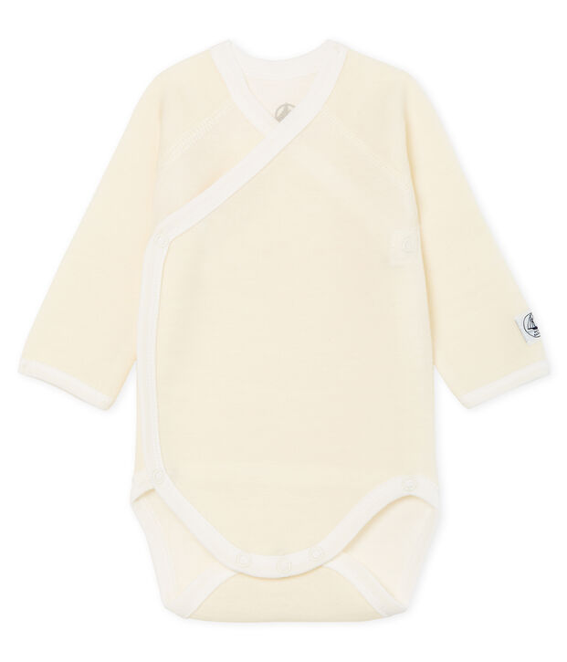 Newborn babies' long-sleeved cotton and wool bodysuit white