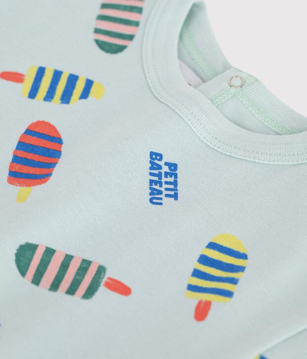 Babies' short-sleeved seagull-print cotton T-shirt blue/multicolor