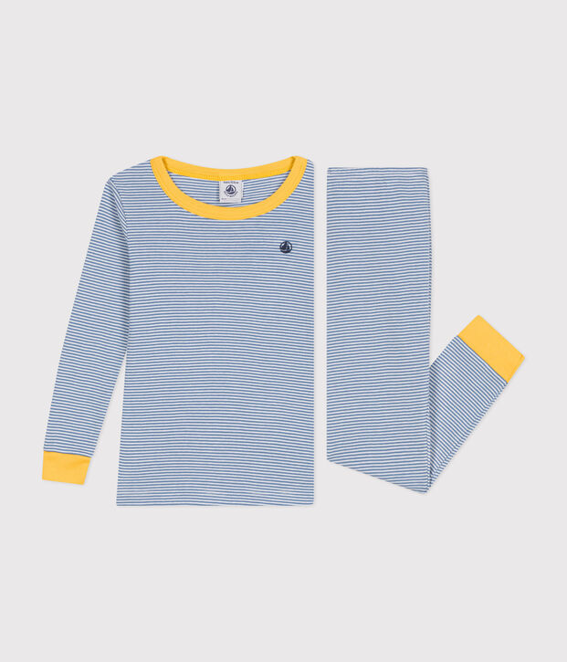 Children's stripy fitted cotton pyjamas blue/white