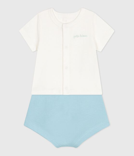 Newborn babies' two-piece cotton set with a plain bottom half MARSHMALLOW blue/AQUATIC