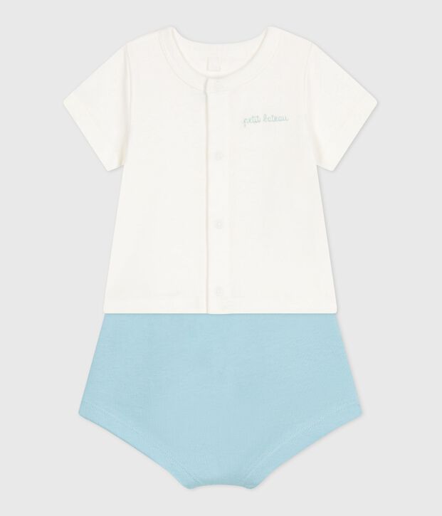 Newborn babies' two-piece cotton set with a plain bottom half blue/blue
