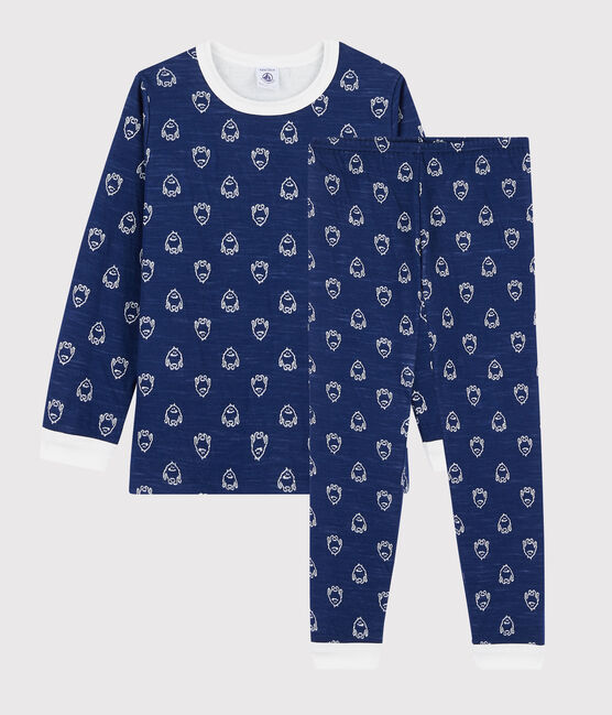 Boys' Yeti Patterned Wool/Cotton Pyjamas MEDIEVAL blue/MARSHMALLOW white