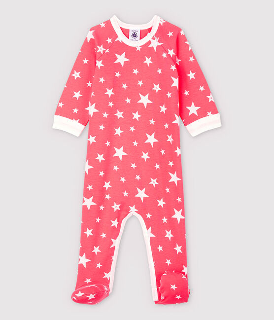 Babies' Zip-Up Star Pattern Cotton Sleepsuit PEACHY pink/MARSHMALLOW white