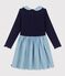 Girls' long-sleeved cotton dress in two materials SOIR blue