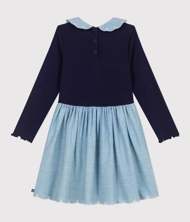 Girls' long-sleeved cotton dress in two materials SOIR blue