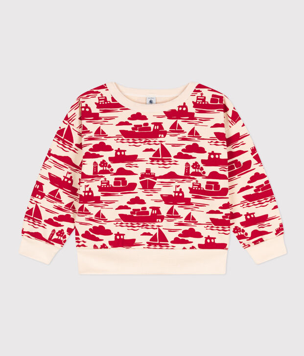 Boys' Patterned Fleece Sweatshirt Ecru/red