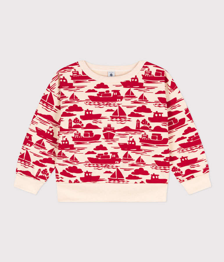Boys' Patterned Fleece Sweatshirt Ecru/red