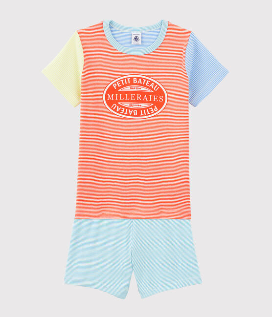Boys' Colourful Pinstriped Cotton Short Pyjamas BRAZILIAN orange/MULTICO ecru