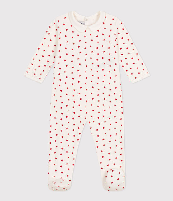 Babies' Heart Patterned Velour Pyjamas MARSHMALLOW white/TERKUIT red