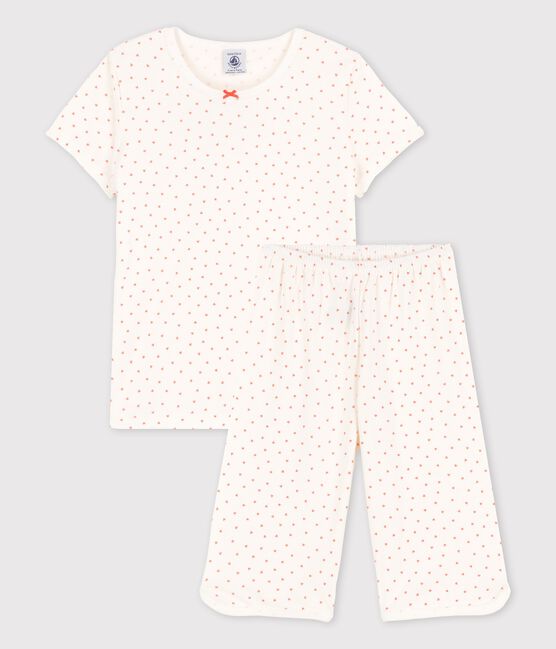 Girls' Heart Pattern Cotton Pyjamas MARSHMALLOW white/PAPAYE