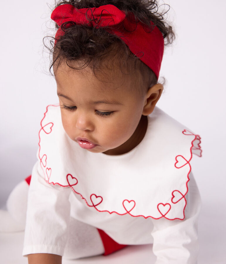 Babies' long-sleeved cotton poplin blouse with embroidered hearts white
