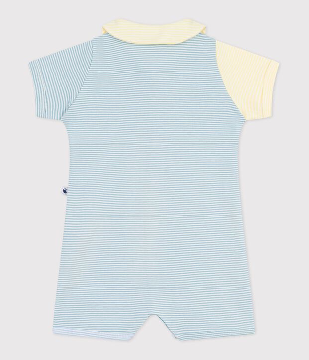 Babies' short cotton playsuit with a collar blue/white
