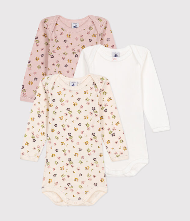 Babies' long-sleeved floral cotton bodysuits - 3-pack multicolor
