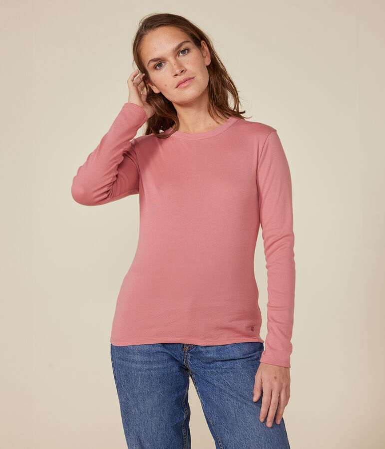 Women's plain rib knit long-sleeved Iconic T-shirt pink