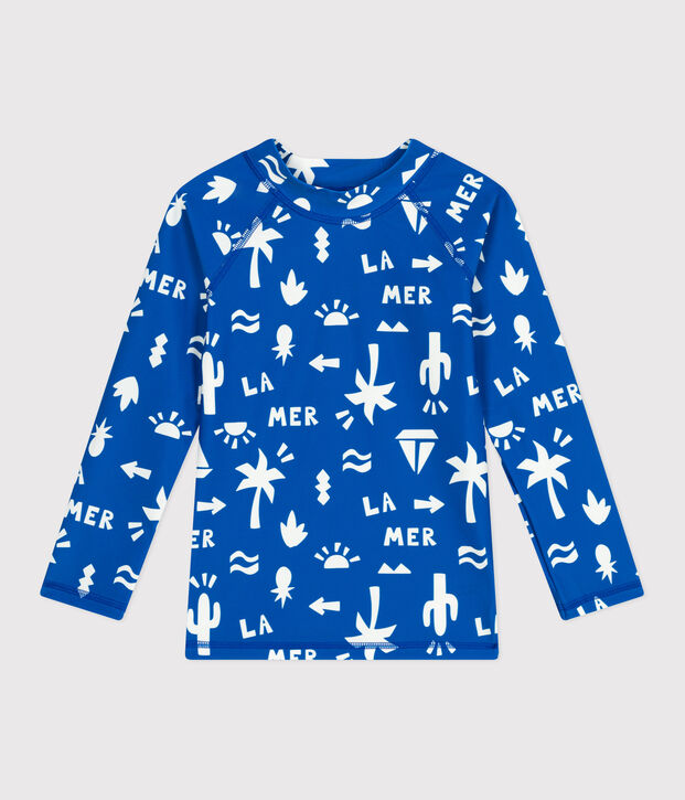 Children's long-sleeved printed anti-UV swim T-shirt blue/white