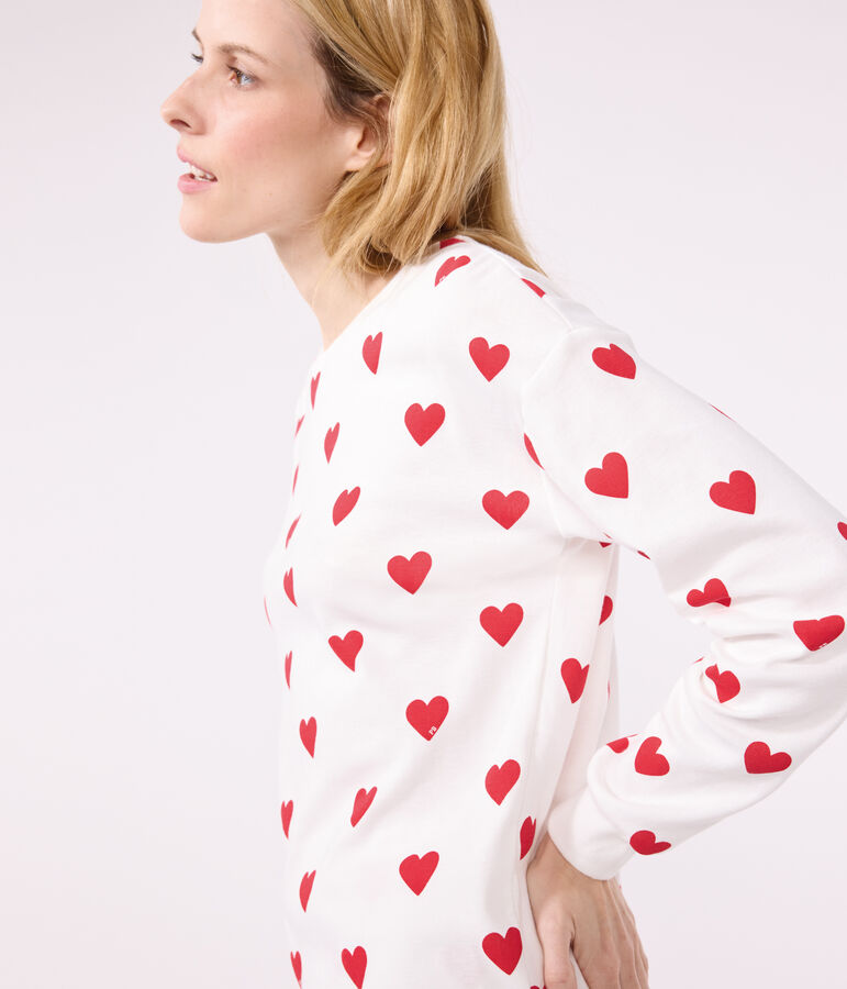 Women's Heart Themed Cotton Pyjamas MARSHMALLOW white/TERKUIT red