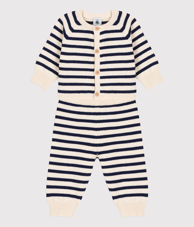Babies' Wool/Cotton Knit Sailor Striped Clothing - 2-Piece Set Ecru/blue