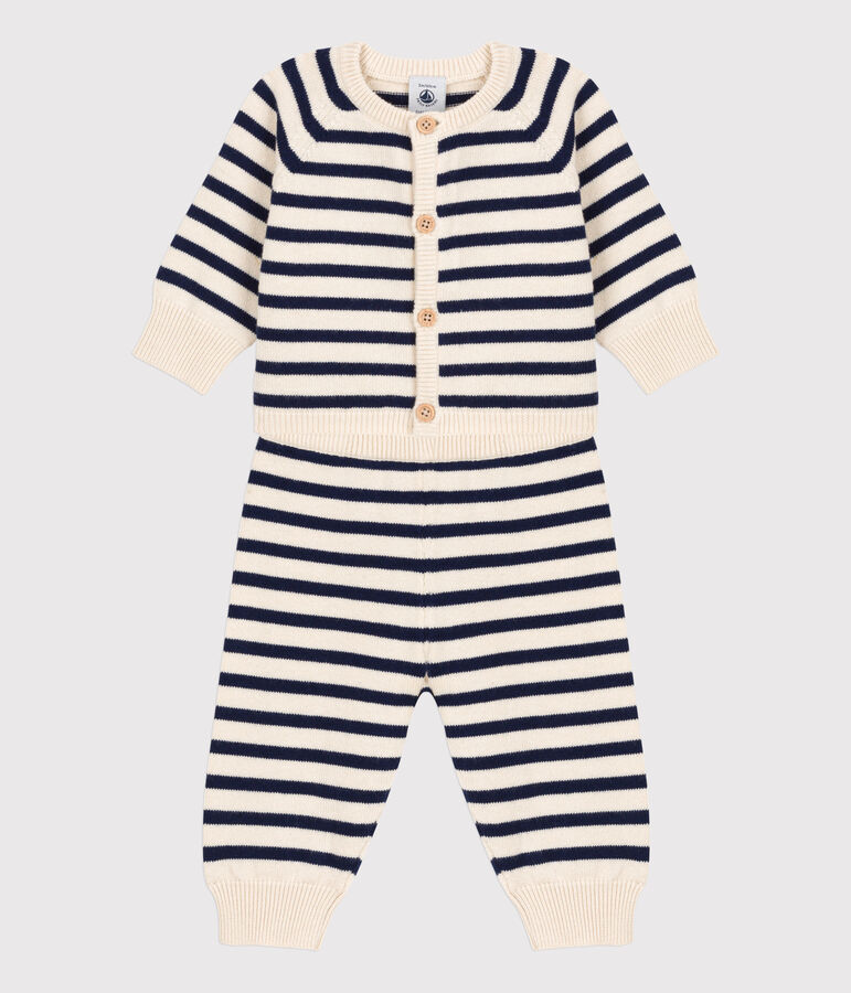Babies' Wool/Cotton Knit Sailor Striped Clothing - 2-Piece Set AVALANCHE white/SMOKING blue