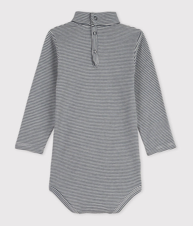 Babies' Stripy Long-Sleeved Roll Neck Cotton Bodysuit grey/white