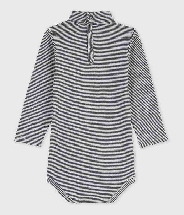 Babies' Stripy Long-Sleeved Roll Neck Cotton Bodysuit grey/white