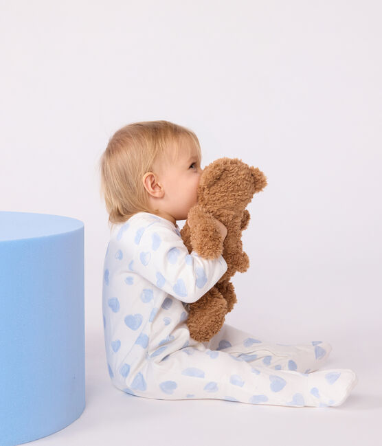 Babies' brushed fleece heart-print pyjamas with a collar MARSHMALLOW /ADRIATIC