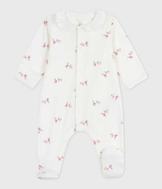 Babies' floral cotton pyjama suit with a collar MARSHMALLOW white/MULTICO white