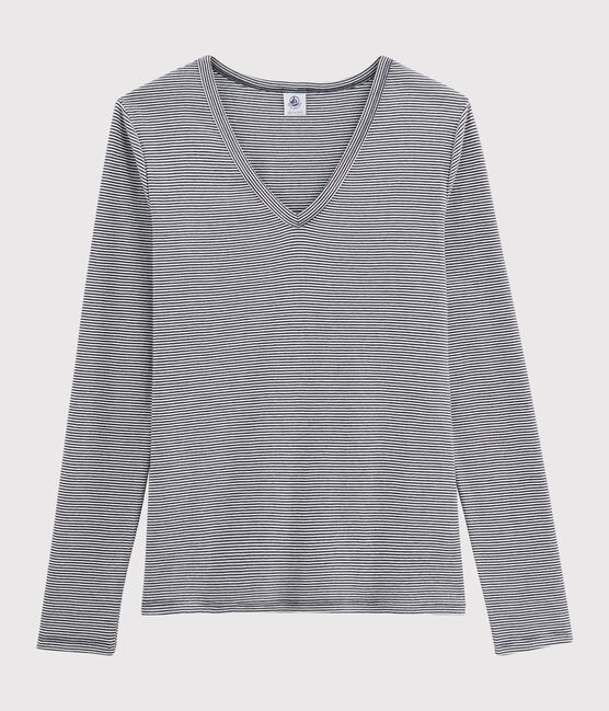 Women's Iconic V-Neck Cotton T-Shirt SMOKING blue/MARSHMALLOW white