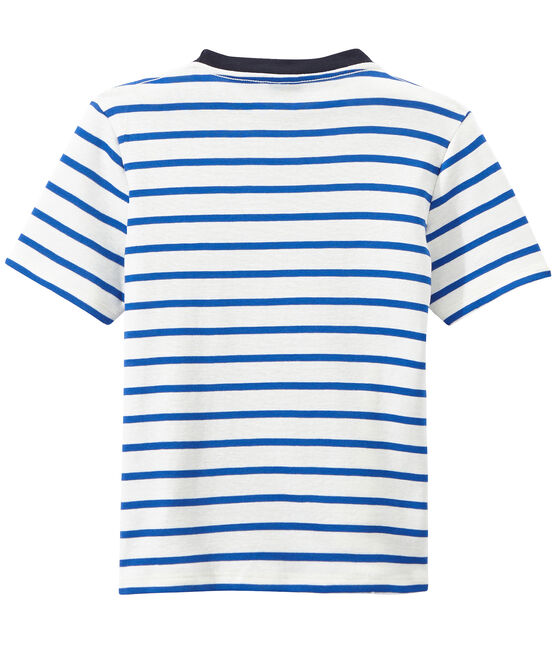 Boy's striped screen print T-shirt MARSHMALLOW white/PERSE blue