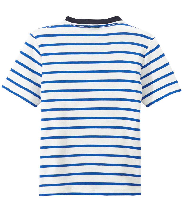 Boy's striped screen print T-shirt MARSHMALLOW white/PERSE blue
