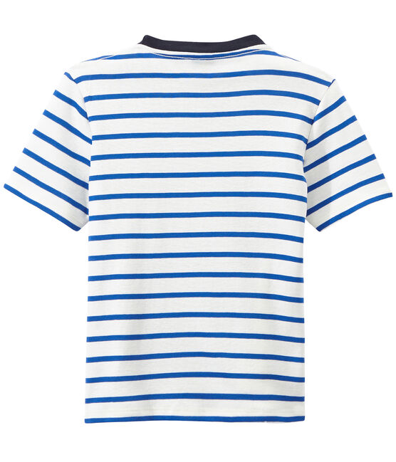 Boy's striped screen print T-shirt MARSHMALLOW white/PERSE blue
