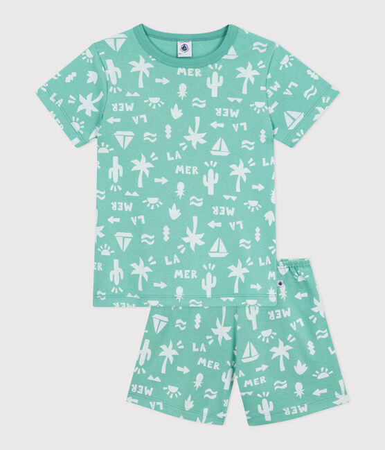 Children's short printed cotton pyjamas ALOEVERA green/MARSHMALLOW white
