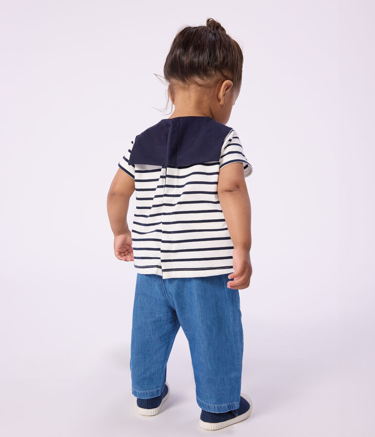 Babies' blouse in Breton stripe cotton with an embroidered collar MARSHMALLOW white/SMOKING blue