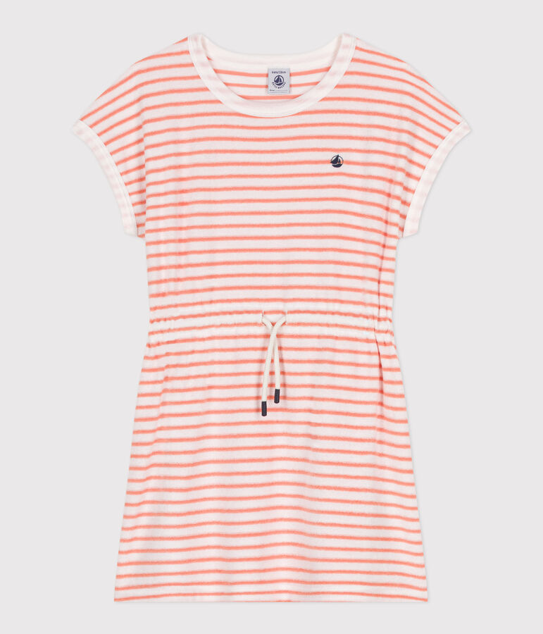 Children's short-sleeved stripy cotton towelling dress orange/orange